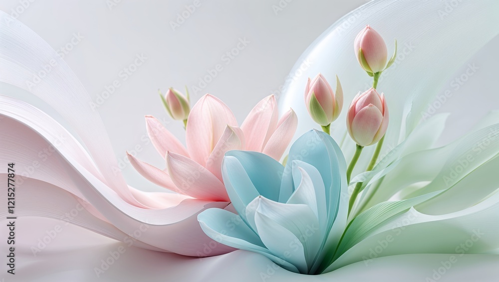 Fototapeta premium Elegant pastel floral arrangement with flowing paper shapes and tulips in a soft light setting