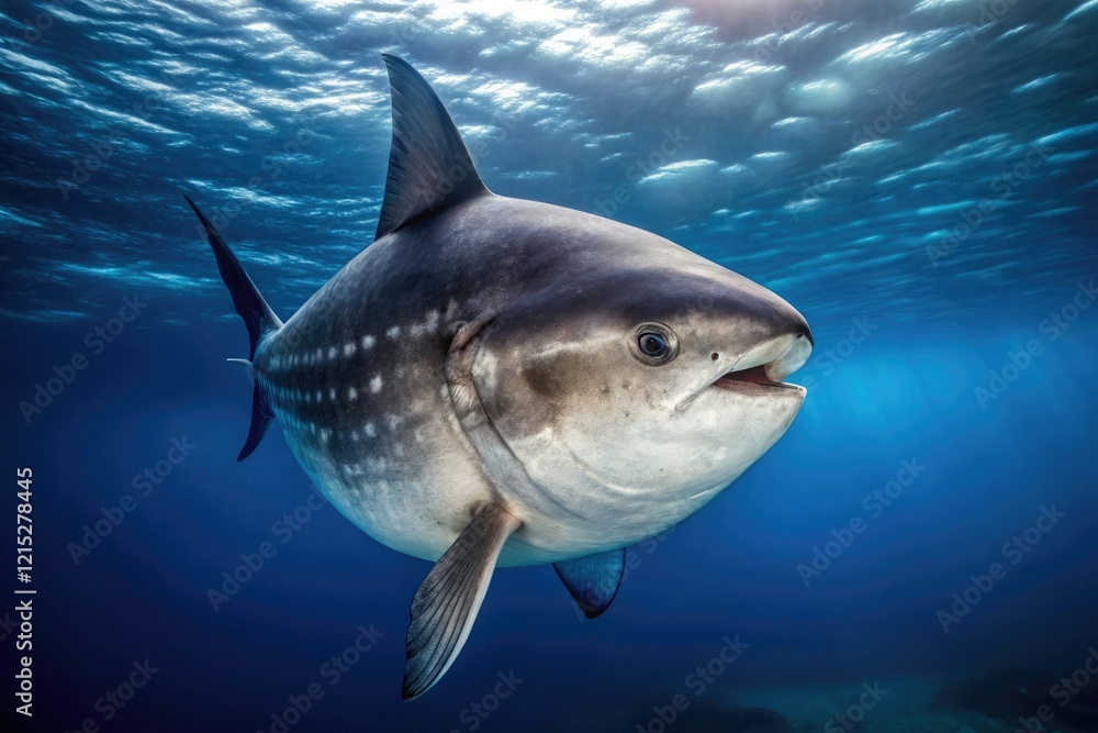 Fototapeta premium Dark grey and white striped mola mola swimming in the open ocean, pelagic fish, ocean creature, marine animal, giant squid lookalike