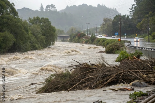 Debris laden floodwater rushes through Wairua stream after intense downpour, auckland, flowing water, wet landscape photo