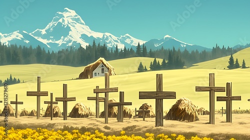 Rural cemetery with wooden crosses, hay bales, and mountain view.