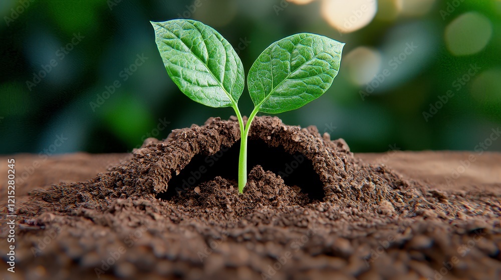 Fototapeta premium Small green plant emerging from soil with fresh leaves and roots visible in natural environment