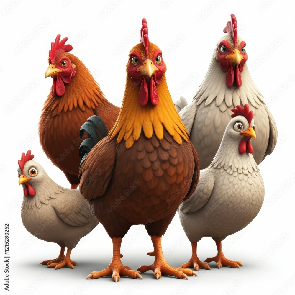 Fototapeta premium Cartoon rooster, stylized farm animal, plump body, colorful feathers, red comb and wattles, expressive eyes, white neck feathers, brown and black plumage, orange feet, 3D rendering, digital art, vibra