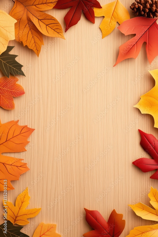 Fototapeta premium Autumn Leaves Frame on Wooden Background - Thanksgiving and Fall Design