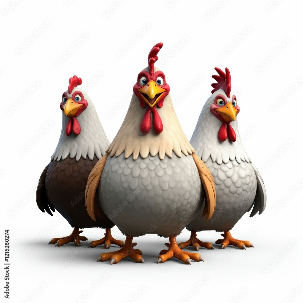 Fototapeta premium Cartoon rooster, stylized farm animal, plump body, colorful feathers, red comb and wattles, expressive eyes, white neck feathers, brown and black plumage, orange feet, 3D rendering, digital art, vibra