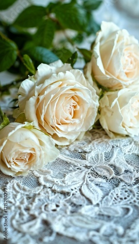 Soft Cream Roses Resting on Delicate Intricate White Lace with Elegant Texture