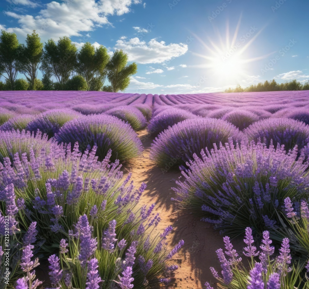 Obraz premium Field of lavender flowers under a clear blue sky with a bright sun shining down , garden, field