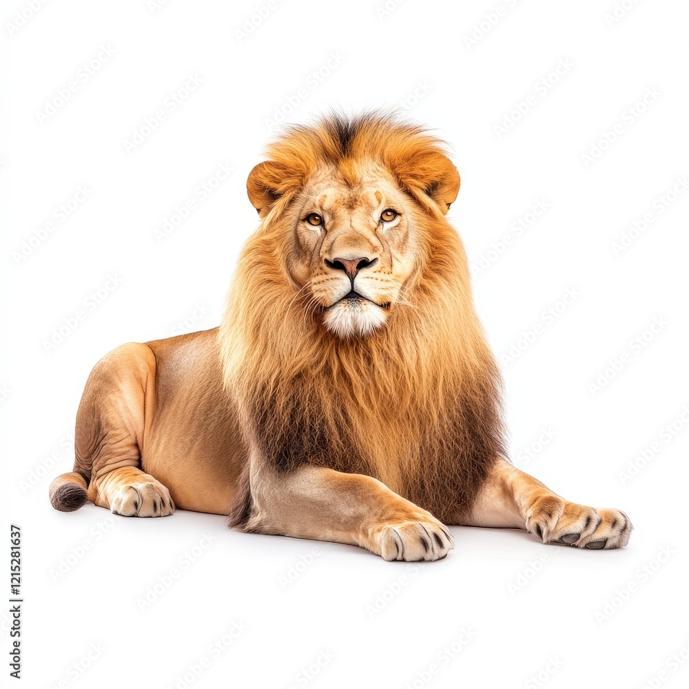 Obraz premium Majestic Male African Lion Lying Down, Isolated on White Background.