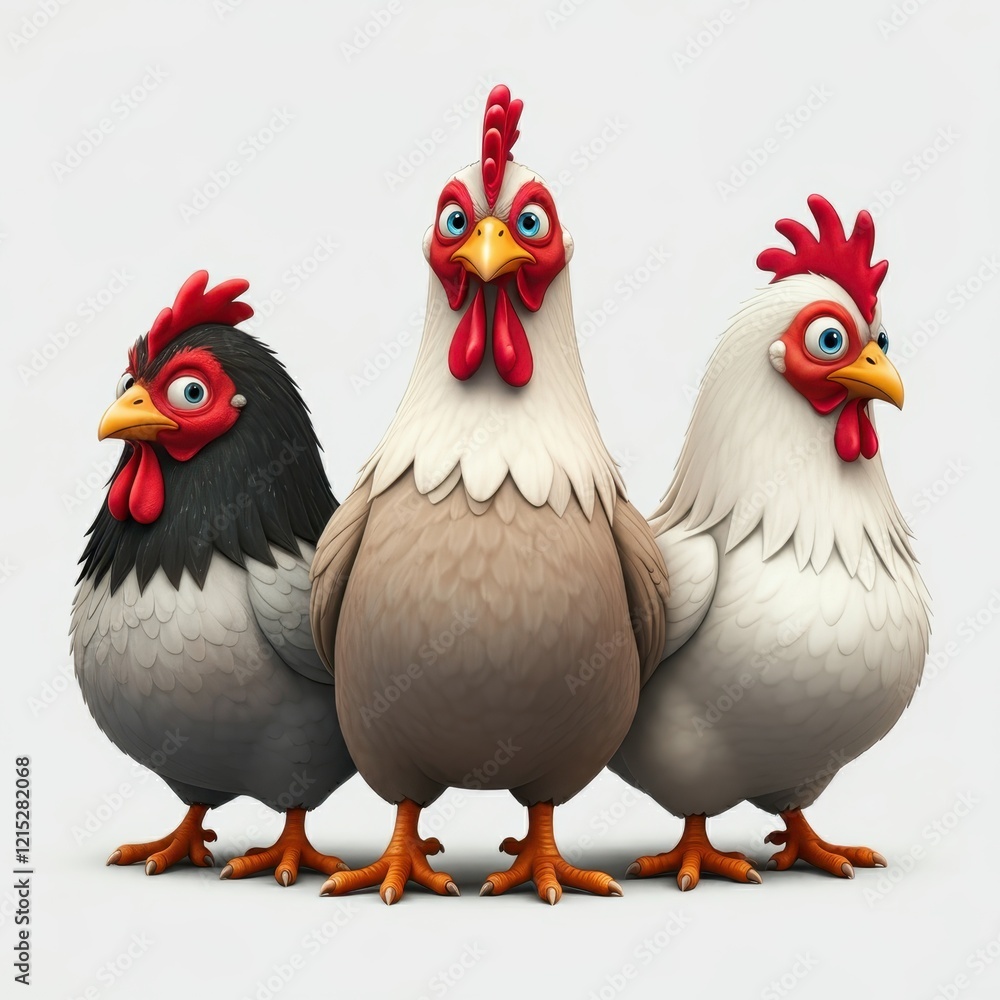 Fototapeta premium Cartoon rooster, stylized farm animal, plump body, colorful feathers, red comb and wattles, expressive eyes, white neck feathers, brown and black plumage, orange feet, 3D rendering, digital art, vibra