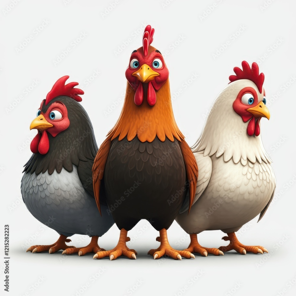 Fototapeta premium Cartoon rooster, stylized farm animal, plump body, colorful feathers, red comb and wattles, expressive eyes, white neck feathers, brown and black plumage, orange feet, 3D rendering, digital art, vibra