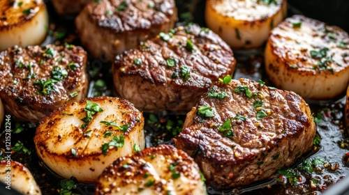 Wallpaper Mural National Baked Scallops Day. Gourmet culinary delight with seared scallops and beef medallions garnished with fresh herbs Torontodigital.ca