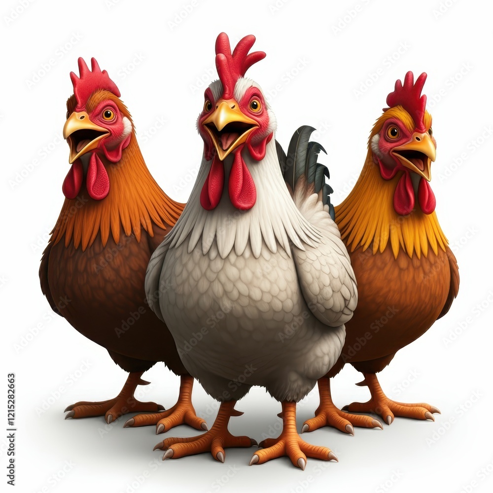 Fototapeta premium Cartoon rooster, stylized farm animal, plump body, colorful feathers, red comb and wattles, expressive eyes, white neck feathers, brown and black plumage, orange feet, 3D rendering, digital art, vibra