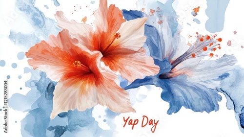 Yap Day Vibrant orange and blue hibiscus watercolor with splash effects for yap day celebration