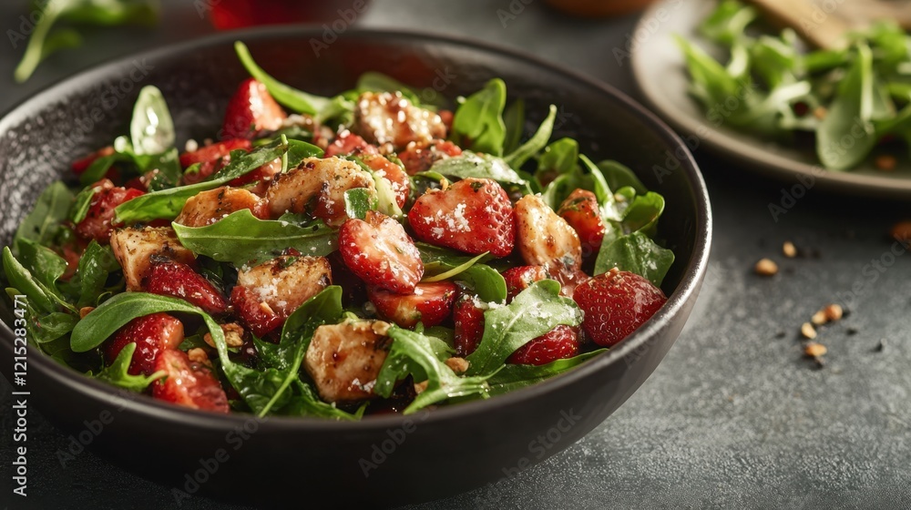 Fresh arugula and strawberry salad with mozzarella and balsamic glaze for a refreshing summer meal Fresh arugula and strawberry salad with mozzarella and balsamic glaze for a refreshing summer meal