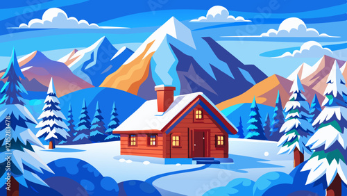 Cozy winter cabin nestled in snowy mountain peaks.