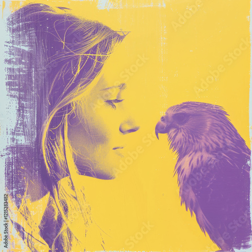 Illustration girl and bird, overprint effect, two colors yellow and violet overlap, breathing a grungy, retro style