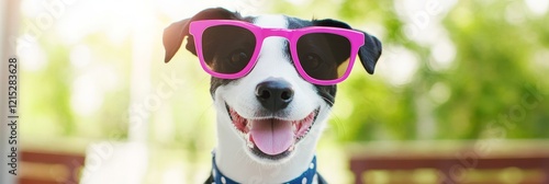Happy Dog Wearing Sunglasses - A cheerful black and white dog smiles broadly while wearing pink sunglasses outdoors.