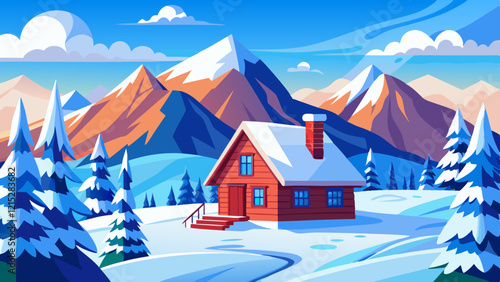 Cozy winter cabin nestled in snowy mountain peaks.