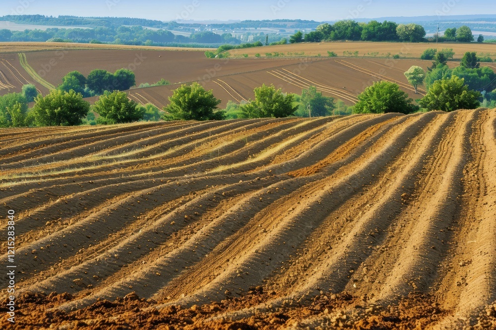 Furrows in a plowed field create parallel lines across a vast agricultural landscape, bathed in the warm glow of sunset Furrows in a plowed field create parallel lines across a vast agricultural landscape, bathed in the warm glow of sunset