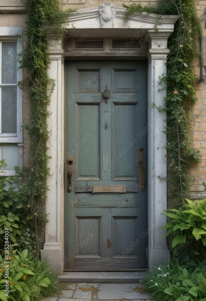 Faded front door with overgrown garden and broken windows, rural decay, abandoned house, old wood Faded front door with overgrown garden and broken windows, rural decay, abandoned house, old wood