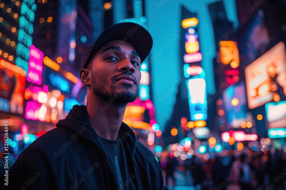 Fototapeta premium Vibrant night life experience of a young man in times square new york urban photography neon lights street view
