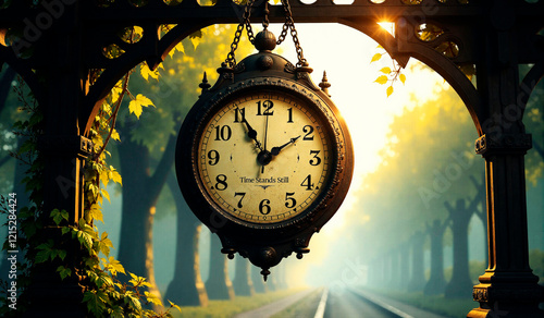 Old railway station clock frozen at a specific time, surrounded by vines and sunlight, concept of time photo