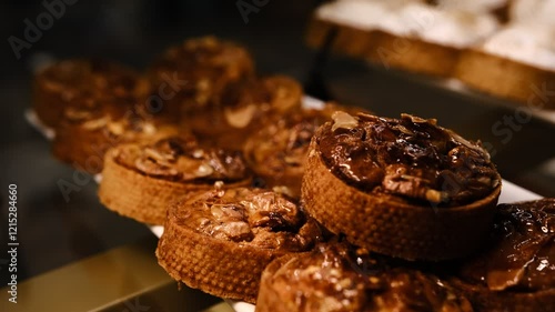 Beautiful nut tart covered glaze in shortcrust pastry shell on white plate displayed on counter fresh delicious dessert perfect for holidays parties and celebrations indulgent sweet treat with nuts