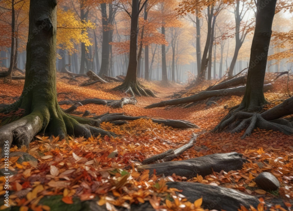 Forest floor blanketed with fallen leaves and branches, forest understory, fallen foliage Forest floor blanketed with fallen leaves and branches, forest understory, fallen foliage