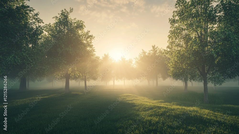 Fototapeta premium A tranquil landscape with a glowing sunrise over a lush, green forest, trees gently swaying, reflecting the importance of Earth Day and sustainability, ultra-realistic style, photography style.