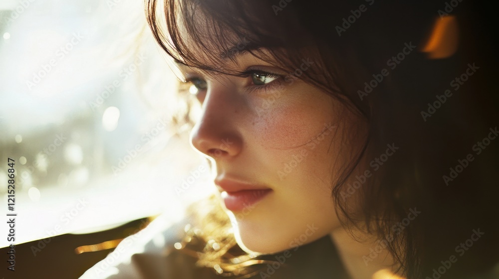 Contemplative woman in soft sunlight capturing introspection and serenity Contemplative woman in soft sunlight capturing introspection and serenity
