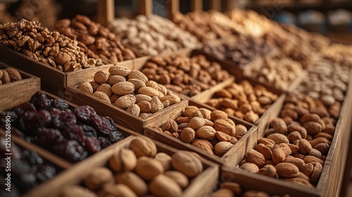 Variety of Nuts and Dried Fruits in Wooden Boxes at a Market Display