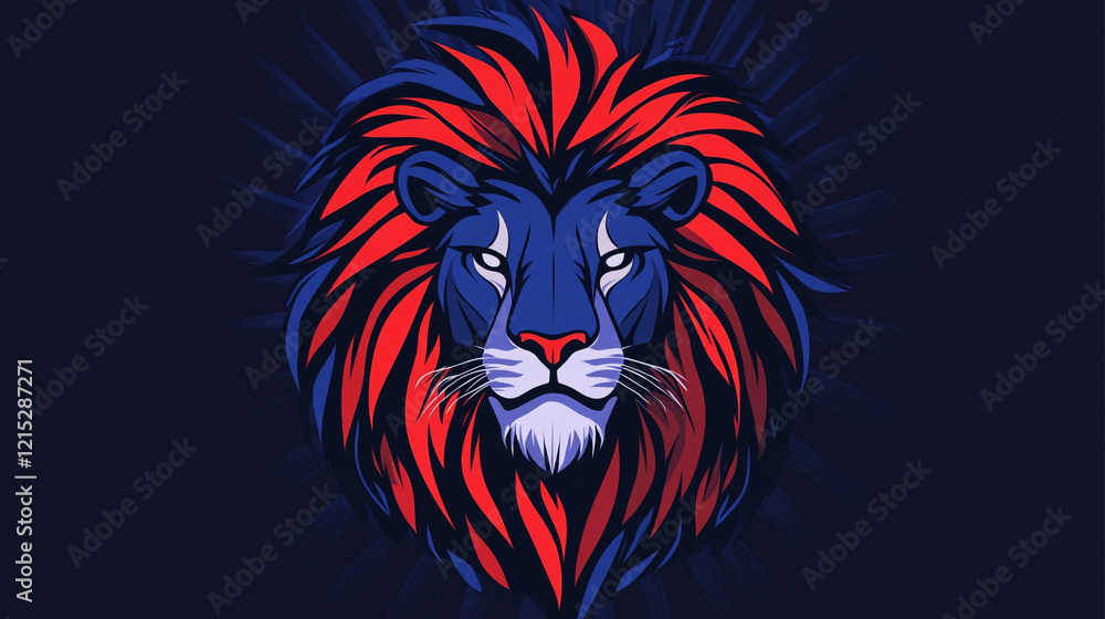 Naklejka premium Majestic Lion Head Red Blue Mane Dark Background Wild Cat Portrait Animal Art