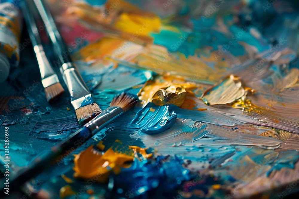 A close-up of mixing colors on a ceramic palette, with paint tubes nearby. A close-up of mixing colors on a ceramic palette, with paint tubes nearby.