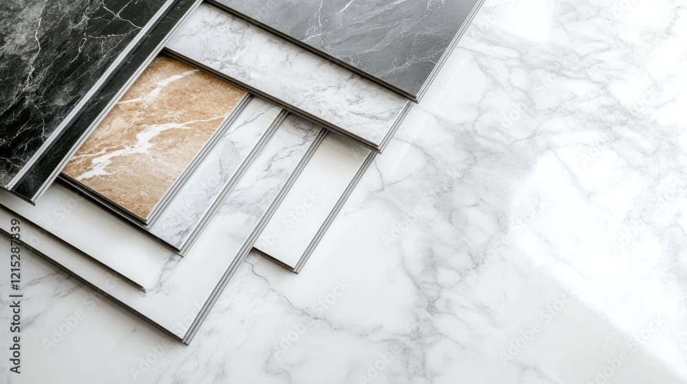 Fototapeta premium marble texture, stone tiles, luxury flooring samples, interior design materials, grey and beige tones, natural stone patterns, modern home decor, high-end finishes, elegant surfaces, showroom display,