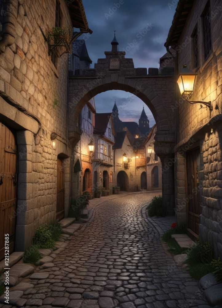 Naklejka premium Cobblestone streets leading to a medieval town gate, brick buildings, narrow alleys, cobblestone streets
