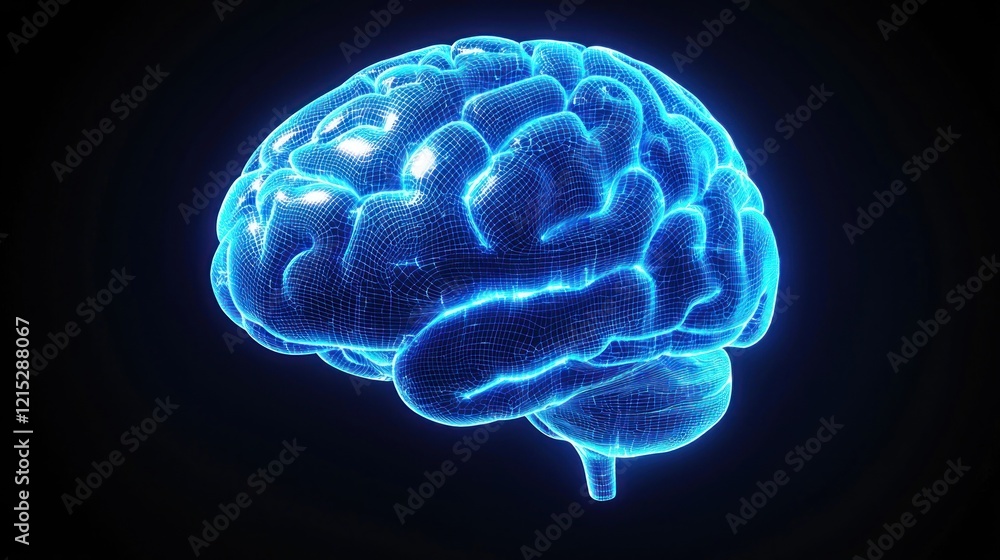 Glowing 3D brain model, digital, dark background, medical Glowing 3D brain model, digital, dark background, medical