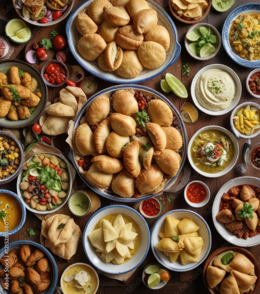 Colombian dinner spread on a large platter featuring a variety of dishes including ajiaco, empanadas, and arepas , ajiaco chicken soup, platter Colombian dinner spread on a large platter featuring a variety of dishes including ajiaco, empanadas, and arepas , ajiaco chicken soup, platter