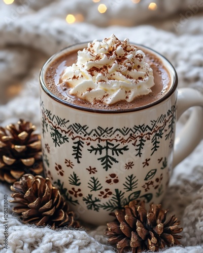 hot chocolate with whipped cream and pinecone decorations