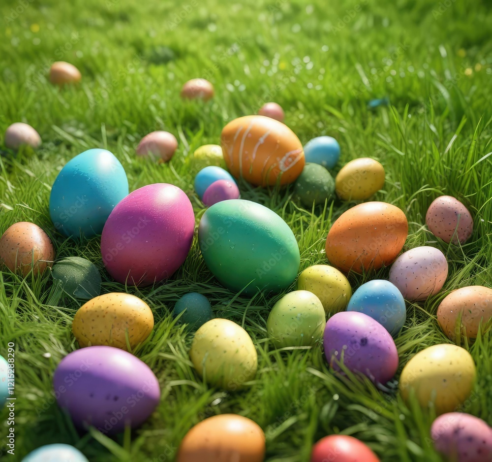 Colorful Easter eggs in a field of lush green grass, vibrant colors, garden decor Colorful Easter eggs in a field of lush green grass, vibrant colors, garden decor