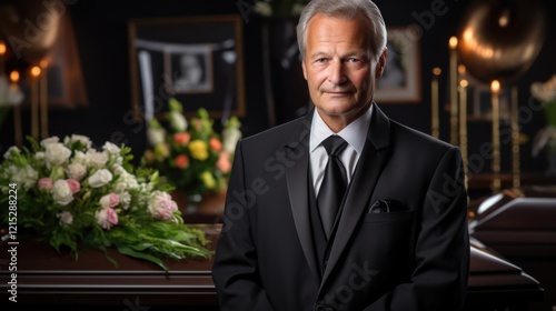 Elderly caucasian male in black suit at elegant funeral with floral arrangements and candles National Funeral Director and Mortician Recognition Day