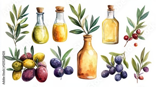 Watercolor Olive Oil Bottles, Olives, and Branches: A Culinary Still Life