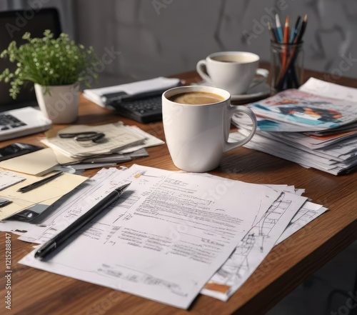 Coffee cup on a modern desk with scattered papers and pens, office, desk, study photo