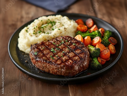 Juicy grilled steak served with creamy mashed potatoes and roasted vegetables for a hearty meal. Generative AI photo