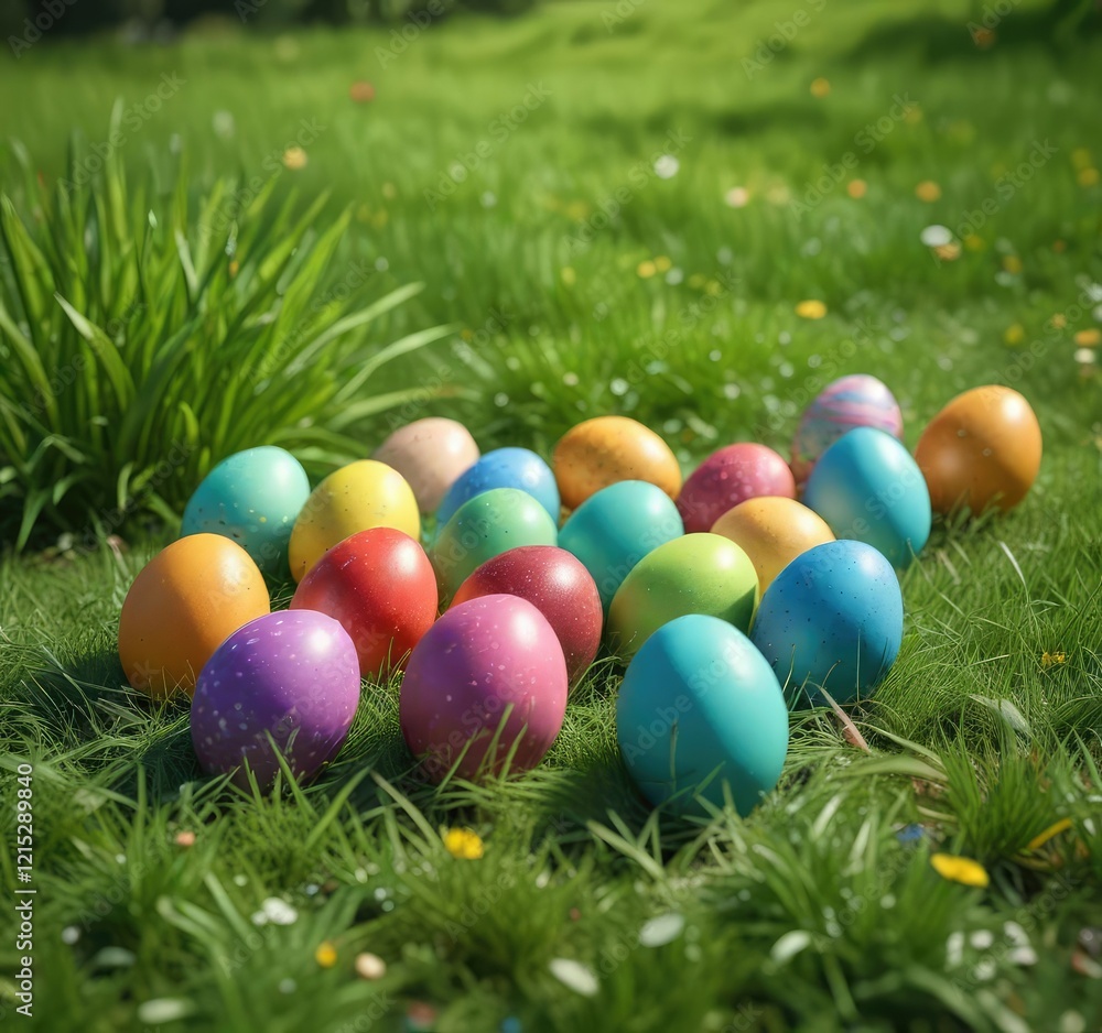 Colorful Easter eggs in a field of lush green grass, green field, lively atmosphere , vibrant colors Colorful Easter eggs in a field of lush green grass, green field, lively atmosphere , vibrant colors
