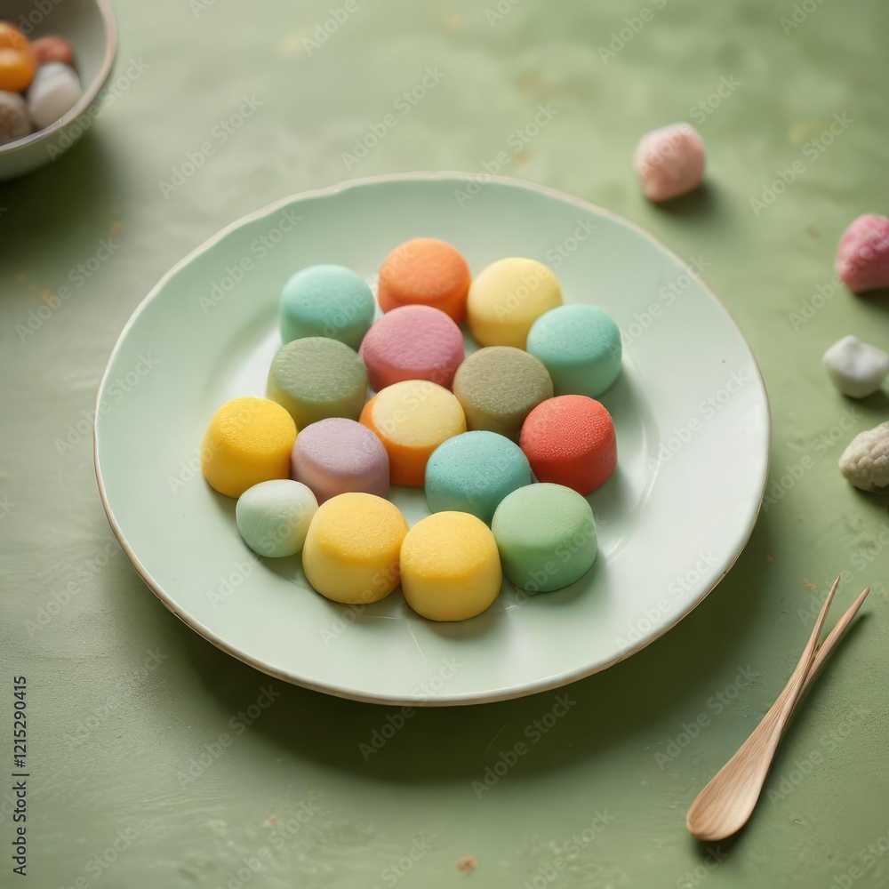Colorful mochi sweets arranged artfully on a pale green dessert plate, colorful mochi, pastel green plate Colorful mochi sweets arranged artfully on a pale green dessert plate, colorful mochi, pastel green plate