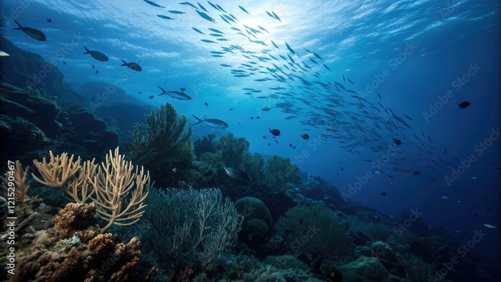 Fototapeta premium Dark blue ocean background with schools of fish and oceanic plants, endless sea, aquatic colors, natural scenery