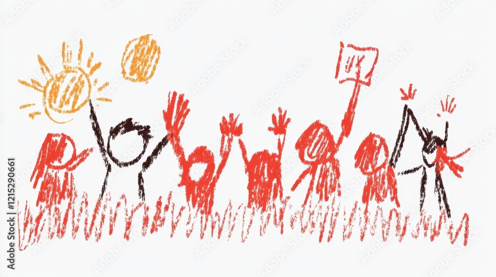 School Day of Non-violence and Peace Colorful children's crayon drawing of a joyful crowd holding signs and waving School Day of Non-violence and Peace Colorful children's crayon drawing of a joyful crowd holding signs and waving