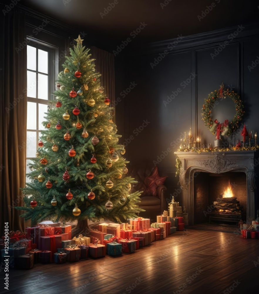 Dark studio with a majestic Christmas tree adorned with glowing glass ornaments and luxurious gifts, gift wrapping, snowflake Dark studio with a majestic Christmas tree adorned with glowing glass ornaments and luxurious gifts, gift wrapping, snowflake