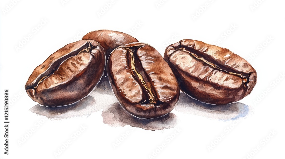 Roasted Coffee Beans: Watercolor Painting of Coffee Beans Roasted Coffee Beans: Watercolor Painting of Coffee Beans