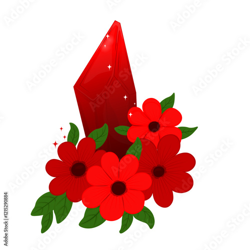 Red crystal with flowers. Passionate mythical print. For valentine's day.  Vector stock illustration. Isolated on white background. 