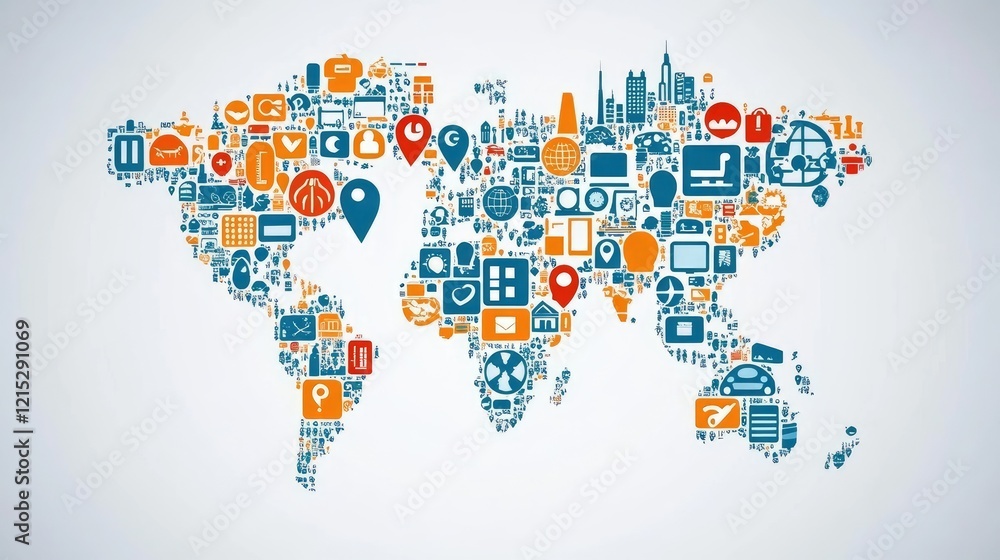 Naklejka premium Global Connectivity: Technology and Social Media Icons Forming a World Map